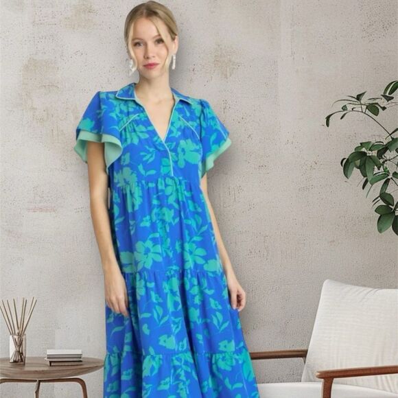 Umgee Two Tone A Lined floral Sundress with Flutter Cap Sleeves Women’s Small - Picture 3 of 14